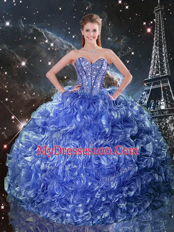 Blue Three Pieces Beading and Ruffles Quinceanera Dresses Lace Up Organza Sleeveless Floor Length