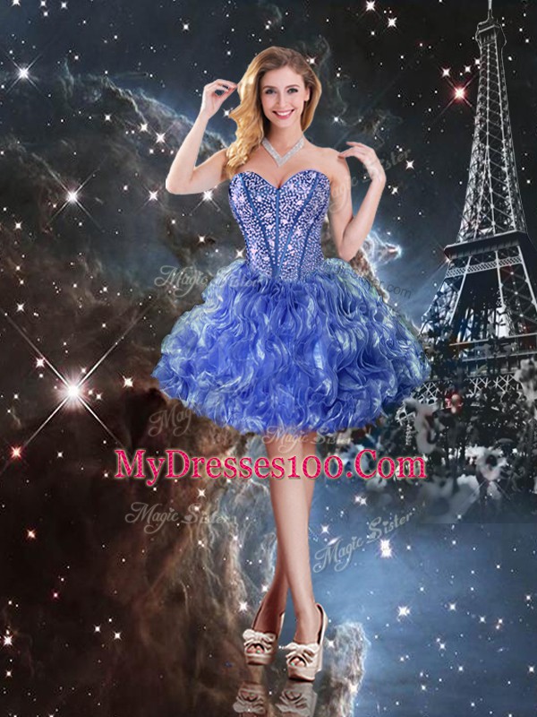 Blue Three Pieces Beading and Ruffles Quinceanera Dresses Lace Up Organza Sleeveless Floor Length