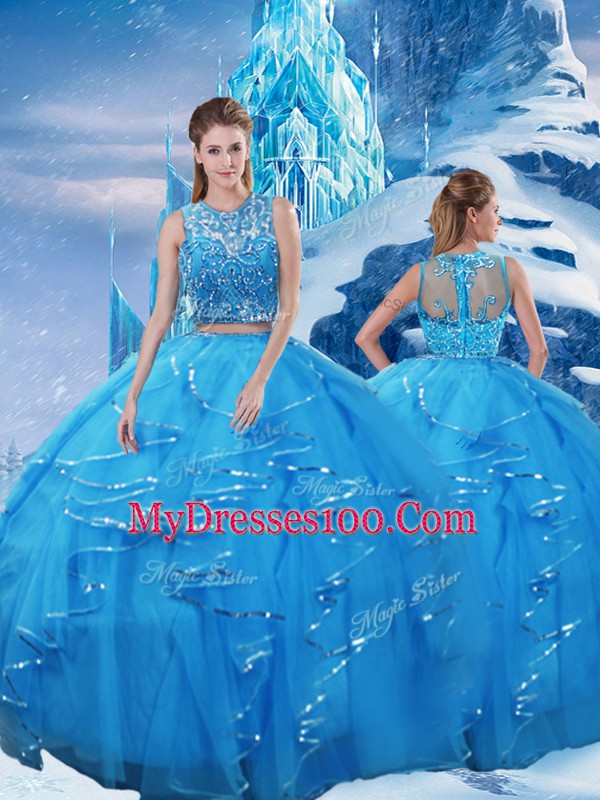 Dynamic Floor Length Two Pieces Sleeveless Baby Blue Ball Gown Prom Dress Zipper