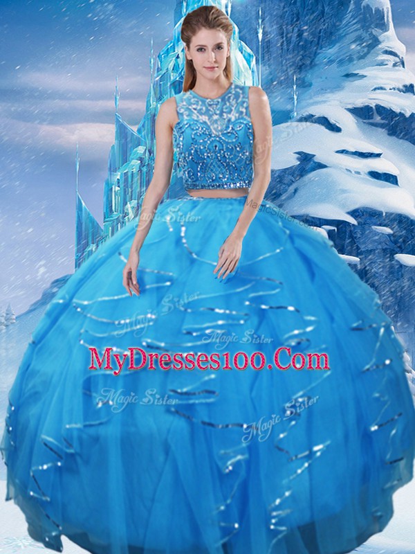 Dynamic Floor Length Two Pieces Sleeveless Baby Blue Ball Gown Prom Dress Zipper