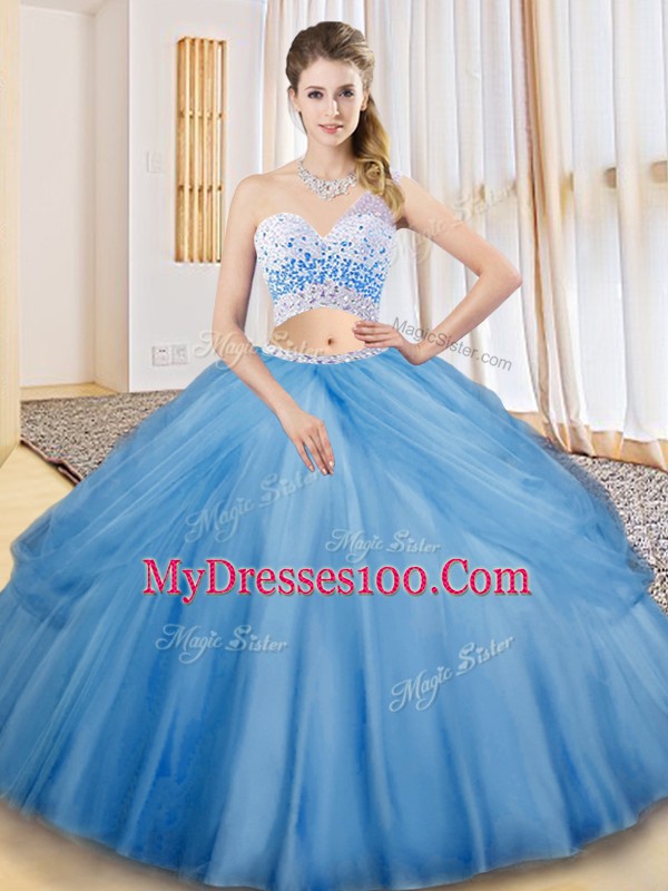One Shoulder Sleeveless 15 Quinceanera Dress Floor Length Beading and Ruching and Pick Ups Baby Blue Tulle