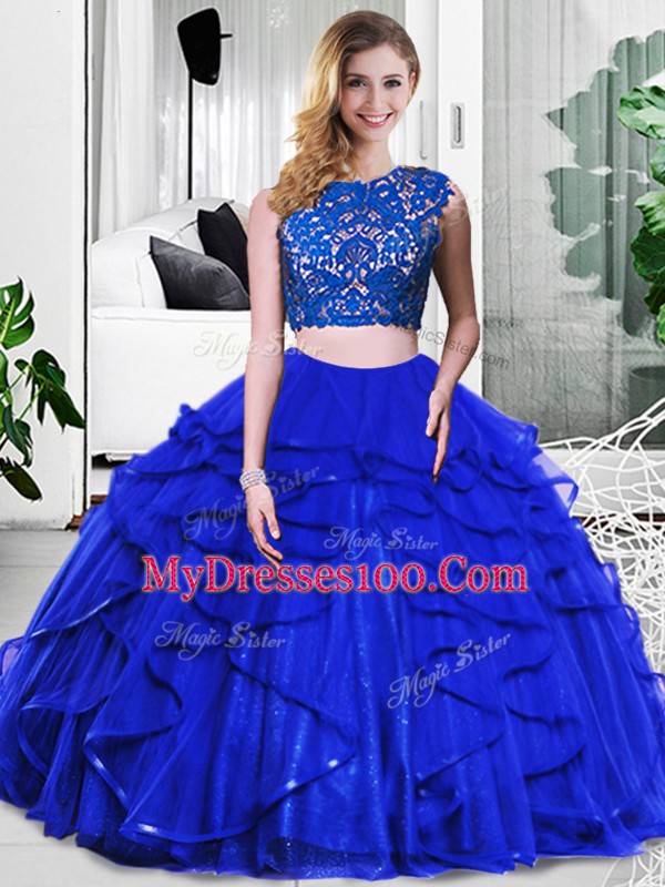 Royal Blue Scoop Neckline Lace and Ruffles Quinceanera Gown Sleeveless Zipper