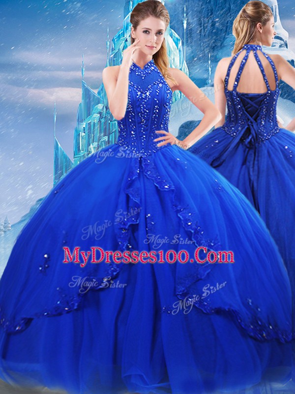 Royal Blue Ball Gowns High-neck Sleeveless Tulle Brush Train Lace Up Beading and Ruffles 15th Birthday Dress
