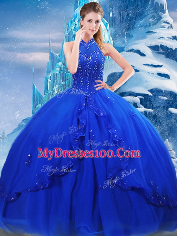 Royal Blue Ball Gowns High-neck Sleeveless Tulle Brush Train Lace Up Beading and Ruffles 15th Birthday Dress