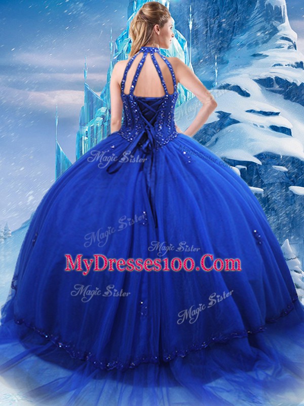 Royal Blue Ball Gowns High-neck Sleeveless Tulle Brush Train Lace Up Beading and Ruffles 15th Birthday Dress