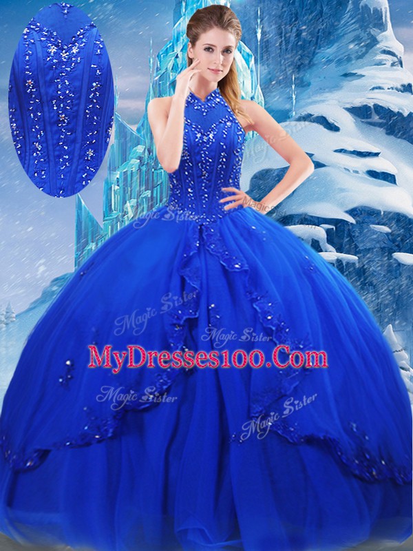Royal Blue Ball Gowns High-neck Sleeveless Tulle Brush Train Lace Up Beading and Ruffles 15th Birthday Dress