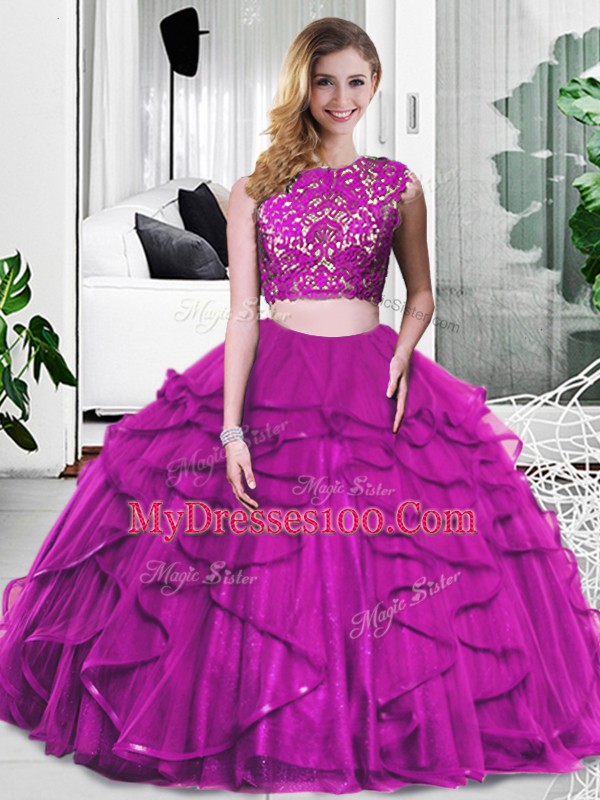 Sleeveless Tulle Floor Length Zipper Sweet 16 Dress in Fuchsia with Lace and Ruffles