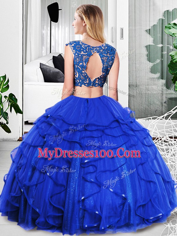 Sleeveless Tulle Floor Length Zipper Sweet 16 Dress in Fuchsia with Lace and Ruffles