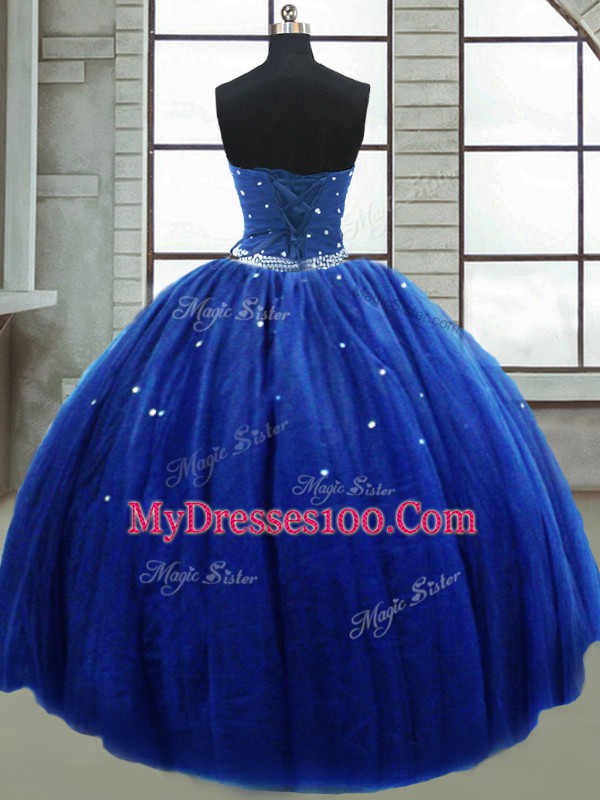 Strapless Sleeveless Tulle Ball Gown Prom Dress Beading Lace Up