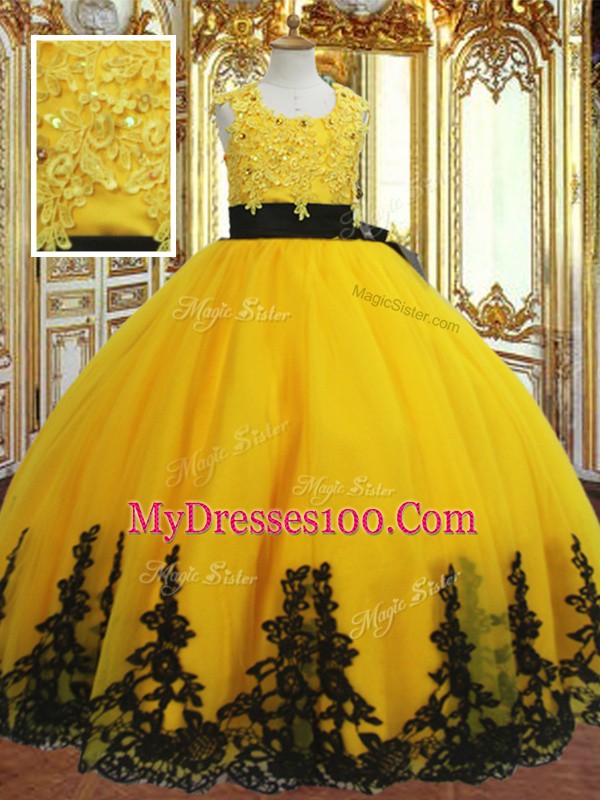 Sleeveless Tulle Floor Length Zipper Little Girl Pageant Dress in Gold with Lace and Appliques