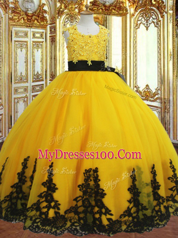 Sleeveless Tulle Floor Length Zipper Little Girl Pageant Dress in Gold with Lace and Appliques