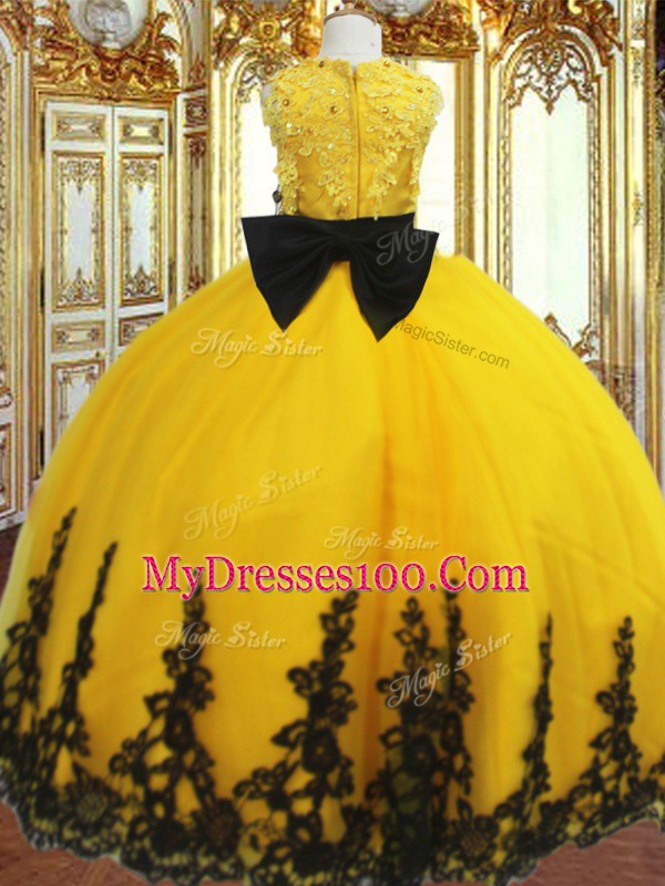 Sleeveless Tulle Floor Length Zipper Little Girl Pageant Dress in Gold with Lace and Appliques