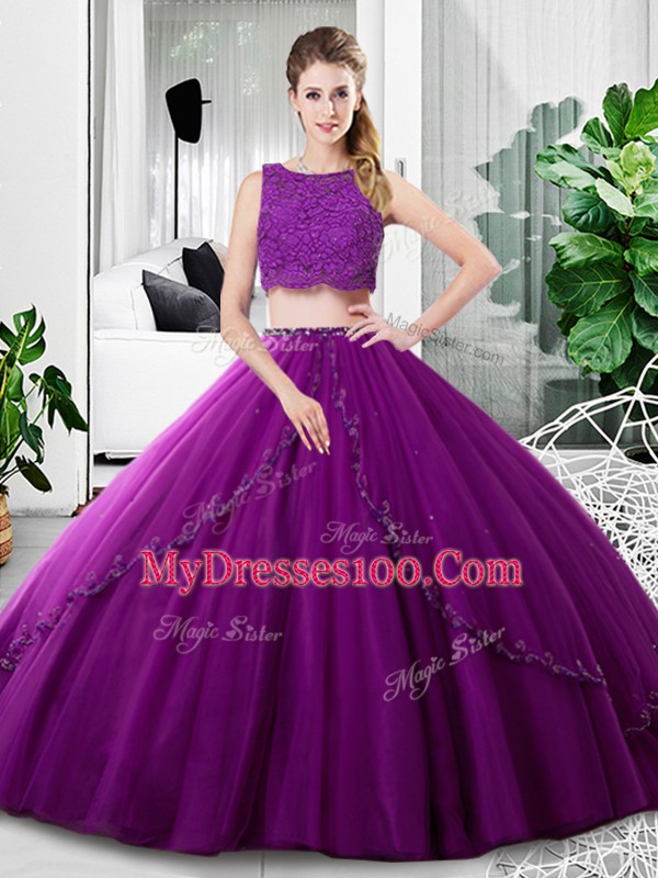 High Class Purple Two Pieces Lace and Ruching Sweet 16 Dresses Zipper Tulle Sleeveless Floor Length