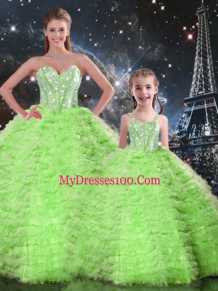 High End Tulle Sweetheart Sleeveless Lace Up Beading and Ruffles Quinceanera Gown in