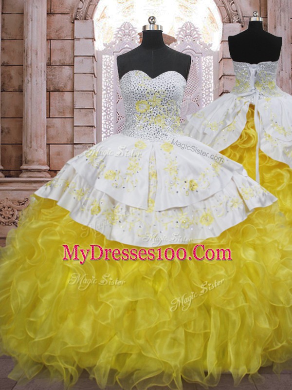 Yellow And White Sleeveless Organza Brush Train Lace Up Quince Ball Gowns for Military Ball and Sweet 16 and Quinceanera