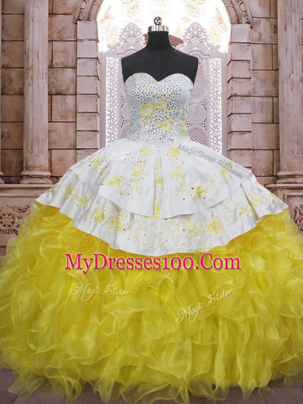 Yellow And White Sleeveless Organza Brush Train Lace Up Quince Ball Gowns for Military Ball and Sweet 16 and Quinceanera