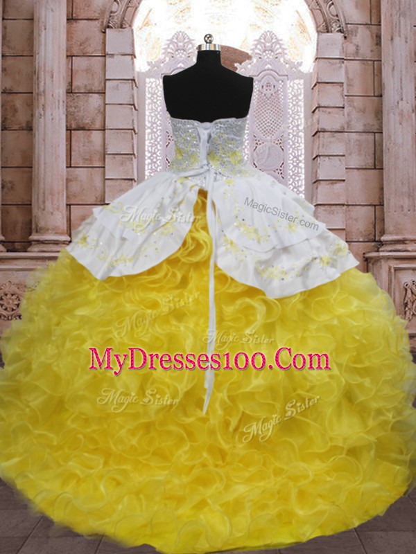 Yellow And White Sleeveless Organza Brush Train Lace Up Quince Ball Gowns for Military Ball and Sweet 16 and Quinceanera