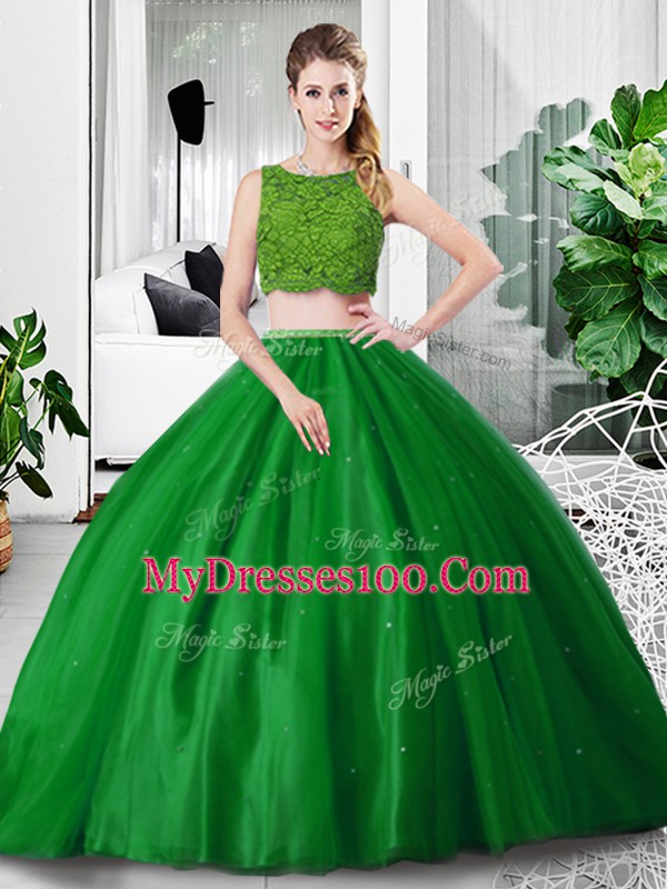 Green Scoop Zipper Lace and Ruching 15th Birthday Dress Sleeveless