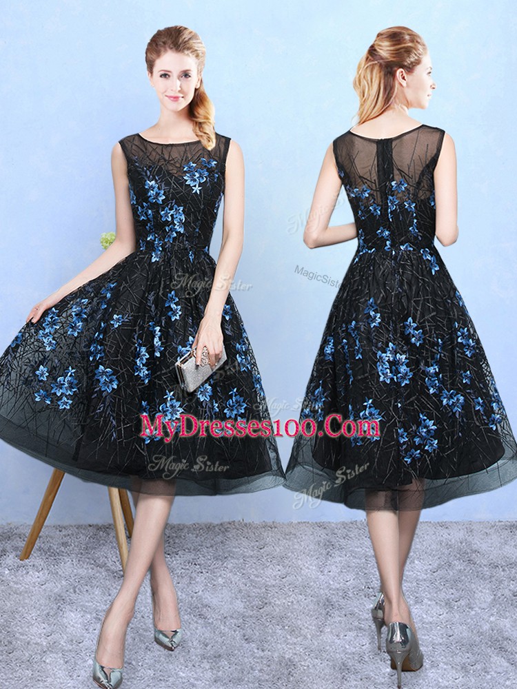 Blue And Black Tulle Zipper Quinceanera Court Dresses Sleeveless Knee Length Appliques
