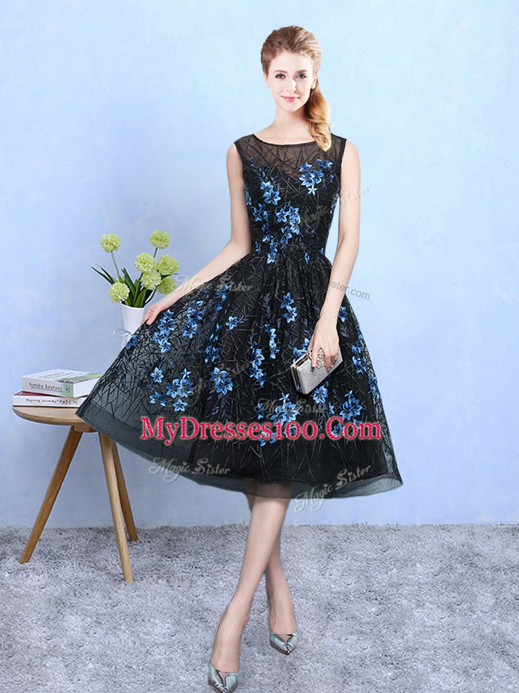 Blue And Black Tulle Zipper Quinceanera Court Dresses Sleeveless Knee Length Appliques