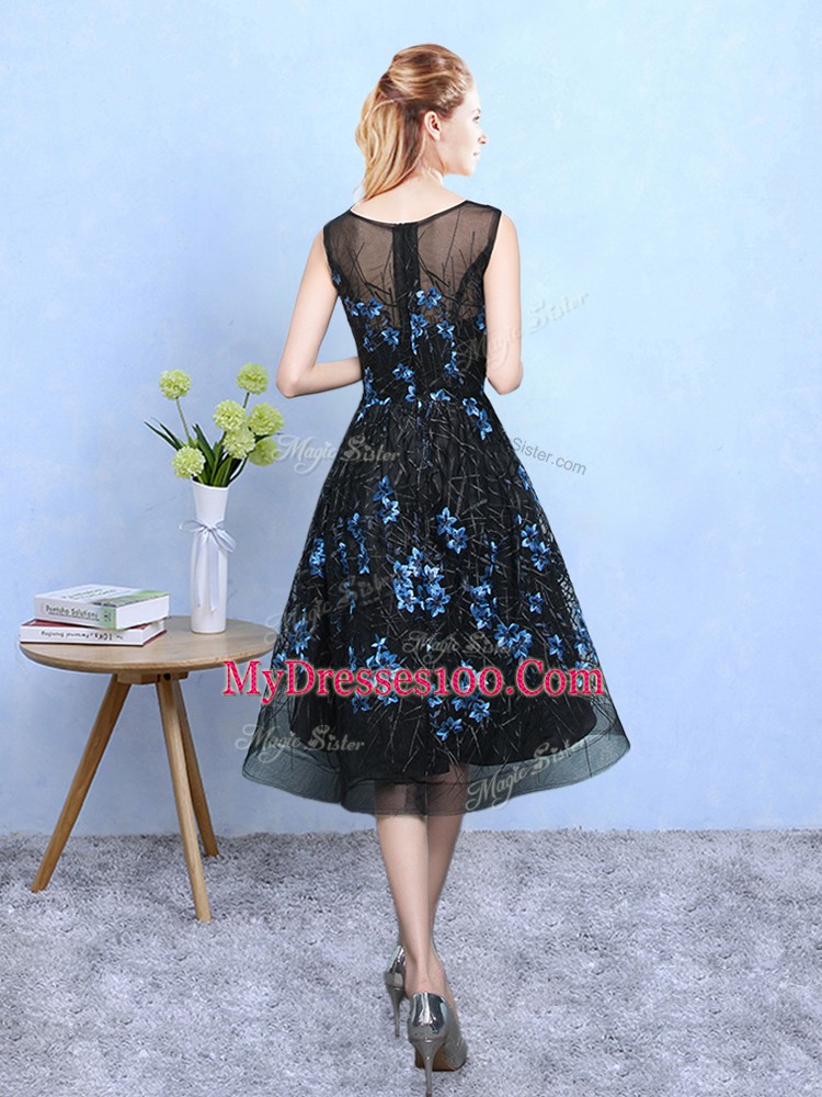 Blue And Black Tulle Zipper Quinceanera Court Dresses Sleeveless Knee Length Appliques