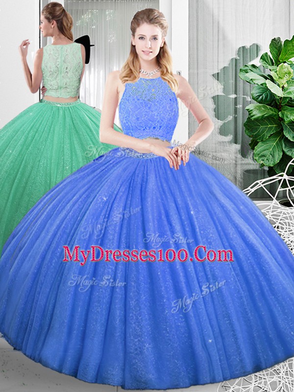 Free and Easy Baby Blue Two Pieces Lace and Ruching Quinceanera Dresses Zipper Organza Sleeveless Floor Length
