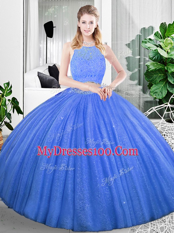 Free and Easy Baby Blue Two Pieces Lace and Ruching Quinceanera Dresses Zipper Organza Sleeveless Floor Length