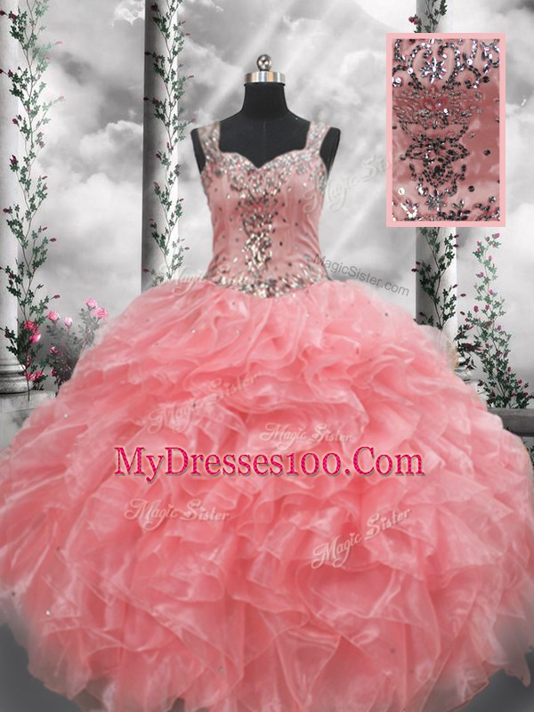 Sleeveless Organza Floor Length Zipper Sweet 16 Dresses in Watermelon Red with Beading and Ruffles