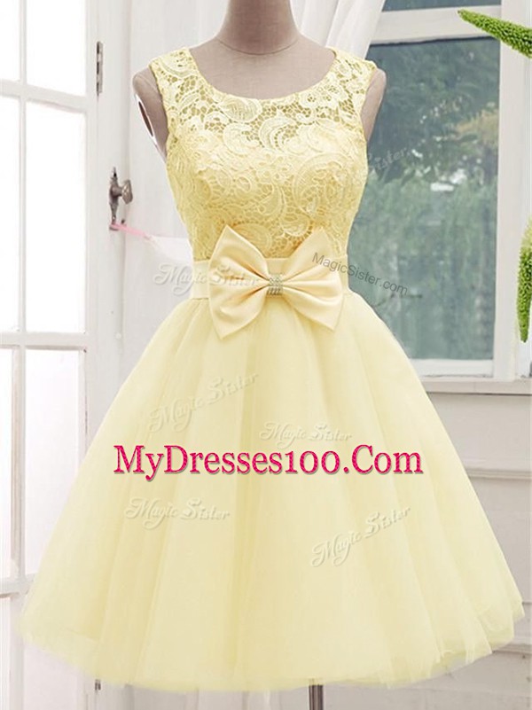 Free and Easy Light Yellow Lace Up Quinceanera Court Dresses Lace and Bowknot Sleeveless Knee Length