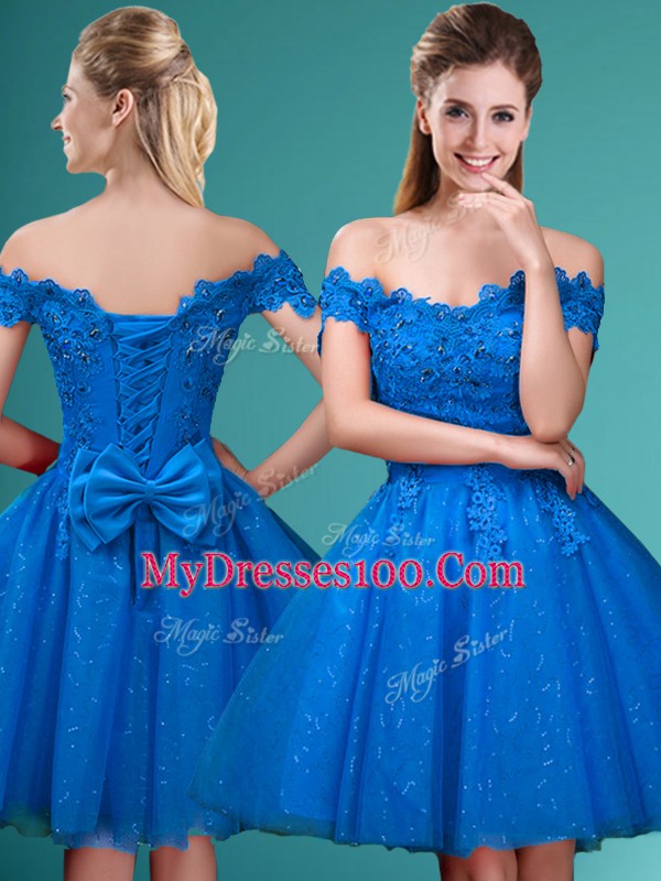Top Selling Off The Shoulder Sleeveless Quinceanera Court Dresses Knee Length Lace and Belt Blue Tulle