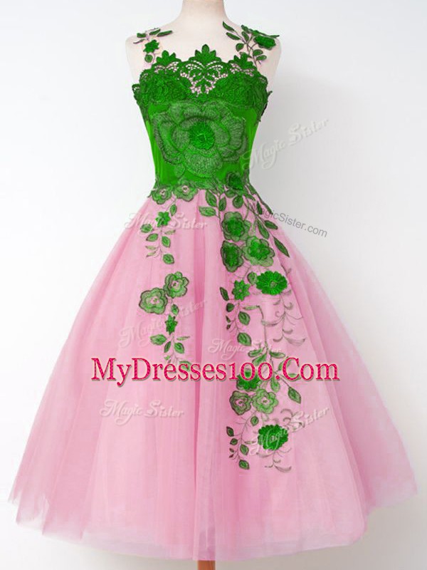 Beautiful Straps Long Sleeves Vestidos de Damas Knee Length Appliques Rose Pink Tulle