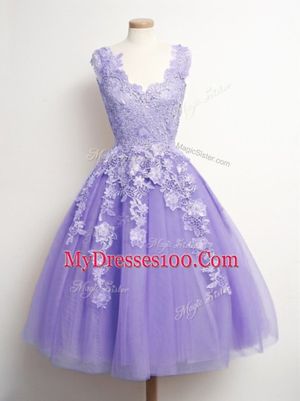 Sleeveless Knee Length Appliques Lace Up Bridesmaids Dress with Lavender
