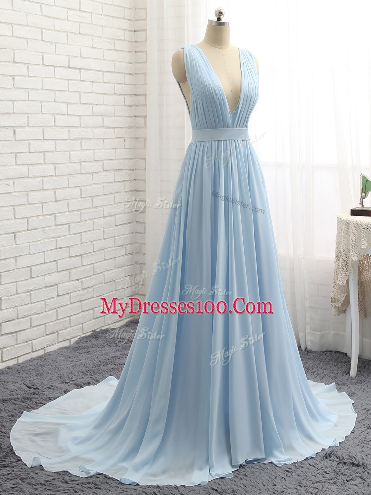 Dynamic Light Blue Chiffon Backless Prom Evening Gown Sleeveless Brush Train Ruching and Belt