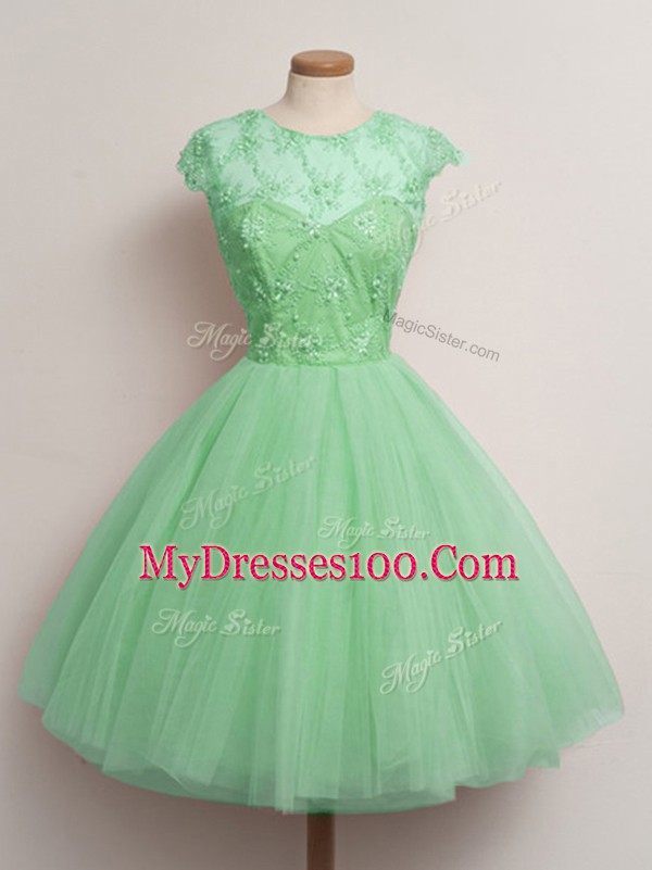 Cute Tulle Scoop Cap Sleeves Lace Up Lace Bridesmaid Dress in Turquoise