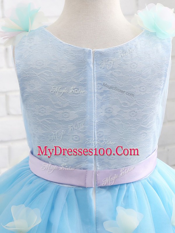 Dazzling Baby Blue Organza Zipper Flower Girl Dresses Sleeveless Knee Length Appliques and Hand Made Flower