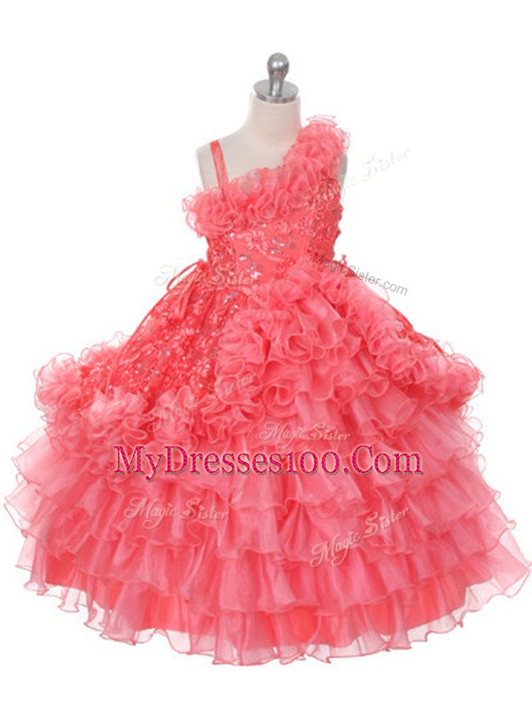 Exquisite Floor Length Lace Up Kids Pageant Dress Watermelon Red for Wedding Party with Lace and Ruffles and Ruffled Layers