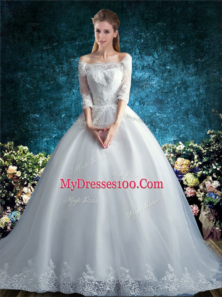 Ball Gowns Half Sleeves White Wedding Dresses Court Train Clasp Handle