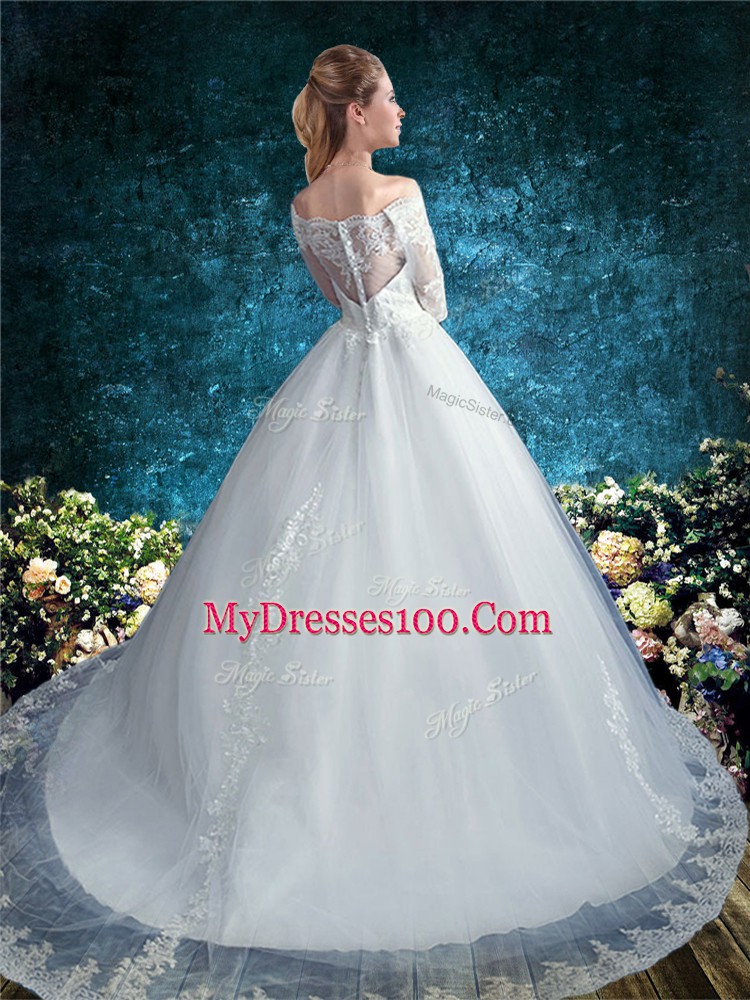 Ball Gowns Half Sleeves White Wedding Dresses Court Train Clasp Handle