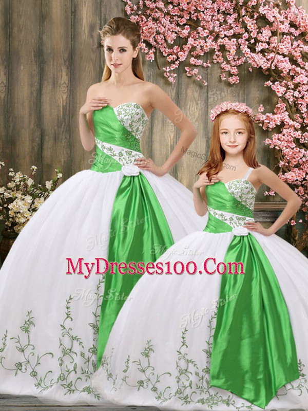 White Lace Up 15th Birthday Dress Embroidery and Belt Sleeveless Floor Length