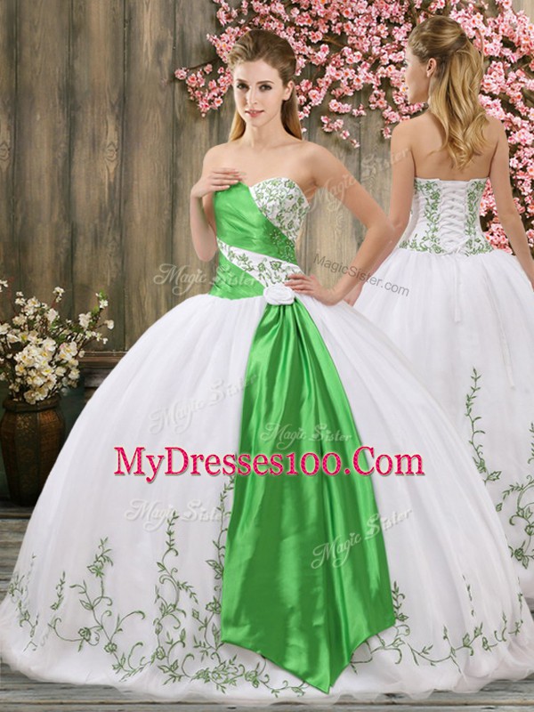 White Lace Up 15th Birthday Dress Embroidery and Belt Sleeveless Floor Length