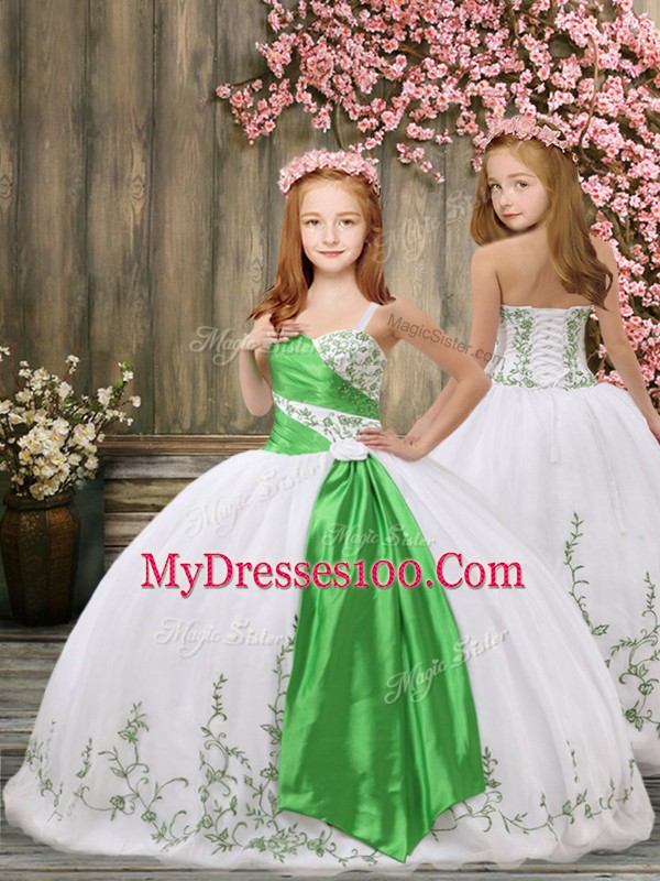 White Lace Up 15th Birthday Dress Embroidery and Belt Sleeveless Floor Length