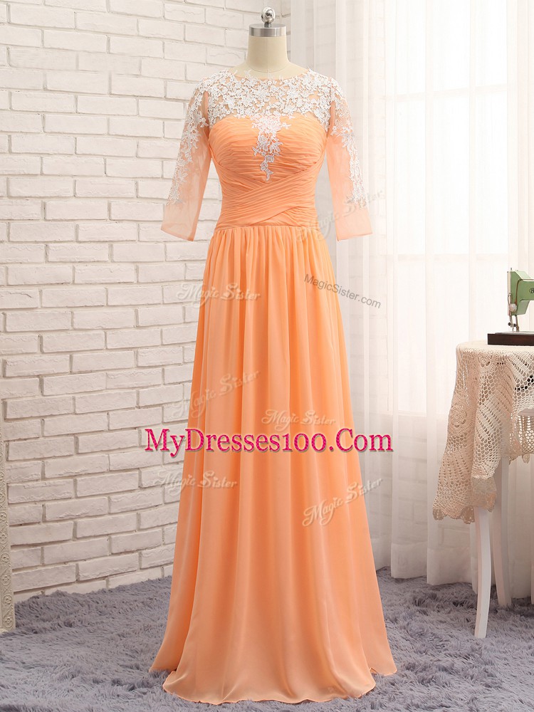 Fashionable Orange Long Sleeves Lace and Appliques and Ruching Floor Length Prom Evening Gown