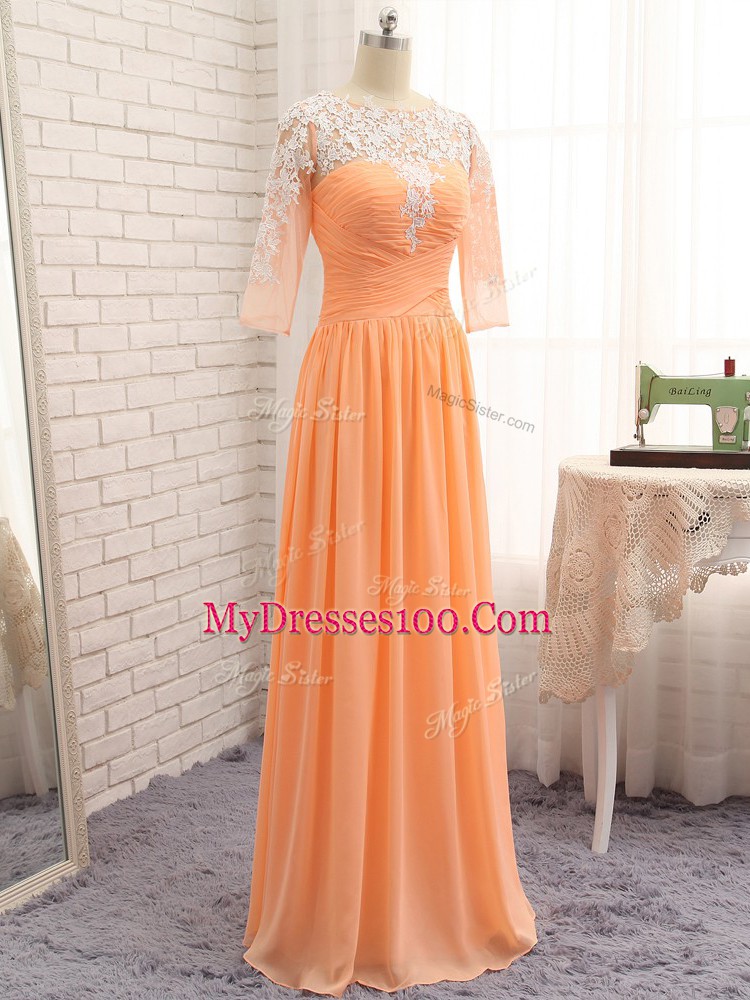 Fashionable Orange Long Sleeves Lace and Appliques and Ruching Floor Length Prom Evening Gown