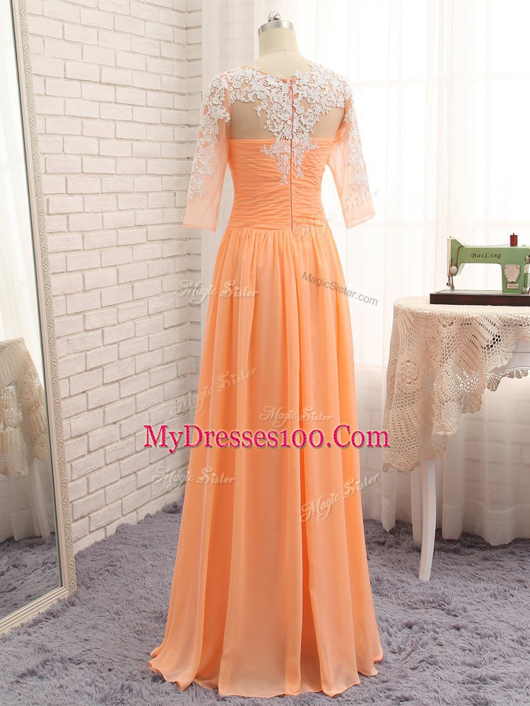 Fashionable Orange Long Sleeves Lace and Appliques and Ruching Floor Length Prom Evening Gown