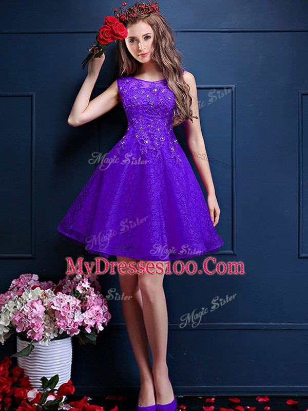 Purple Sleeveless Knee Length Beading and Lace Lace Up Quinceanera Dama Dress