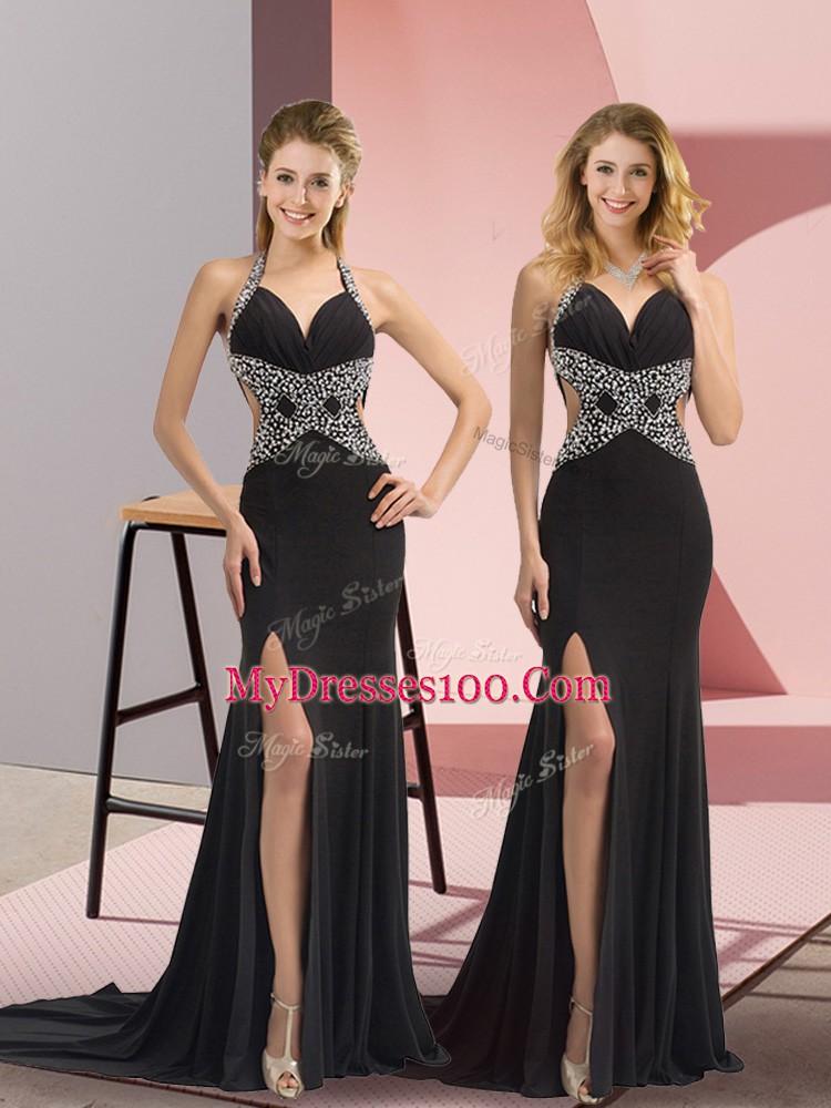 Black Column/Sheath Halter Top Sleeveless Chiffon Sweep Train Backless Beading Evening Dress