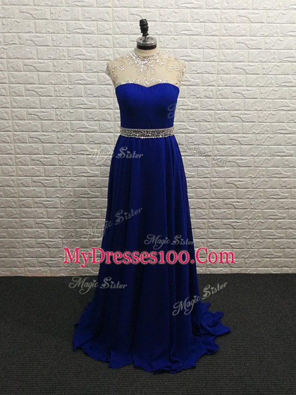 Shining Sleeveless Beading Zipper Homecoming Party Dress with Royal Blue Brush Train