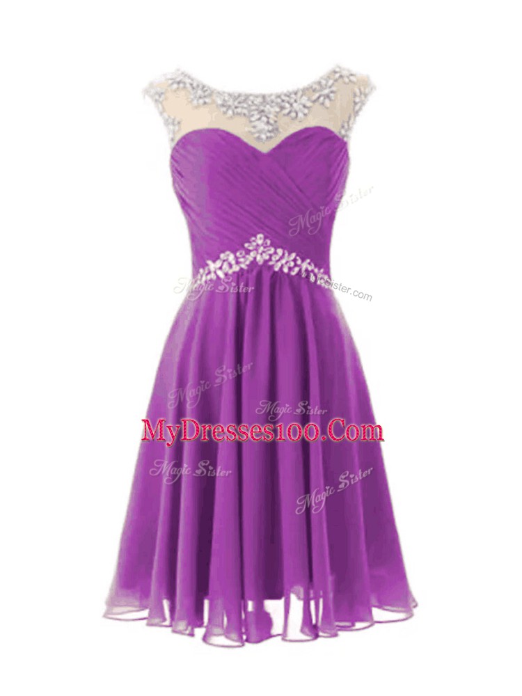 Glittering Scoop Cap Sleeves Prom Dresses Knee Length Beading Purple Chiffon