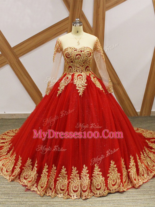 Wine Red Sweet 16 Dress Tulle Court Train Long Sleeves Beading and Appliques
