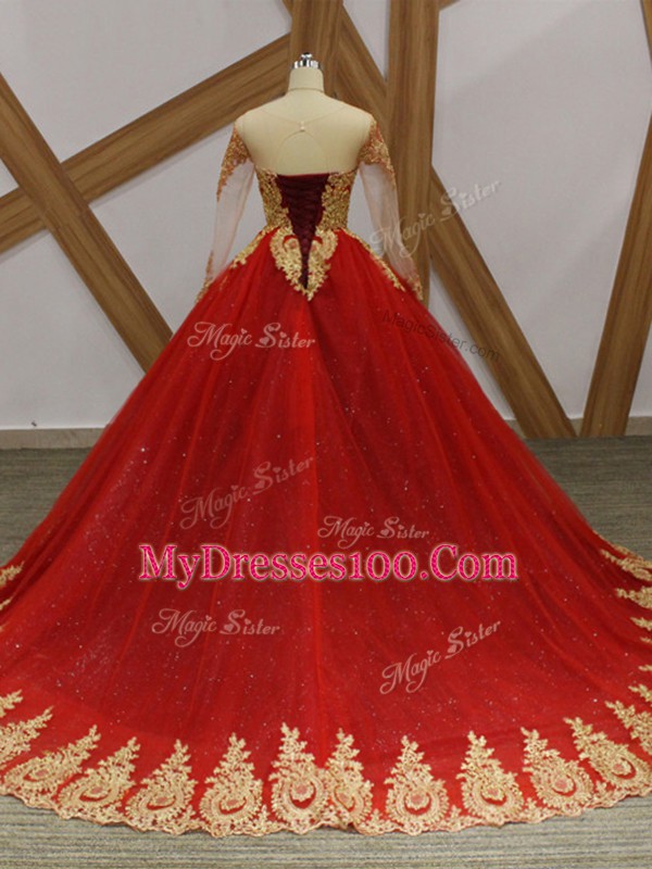 Wine Red Sweet 16 Dress Tulle Court Train Long Sleeves Beading and Appliques